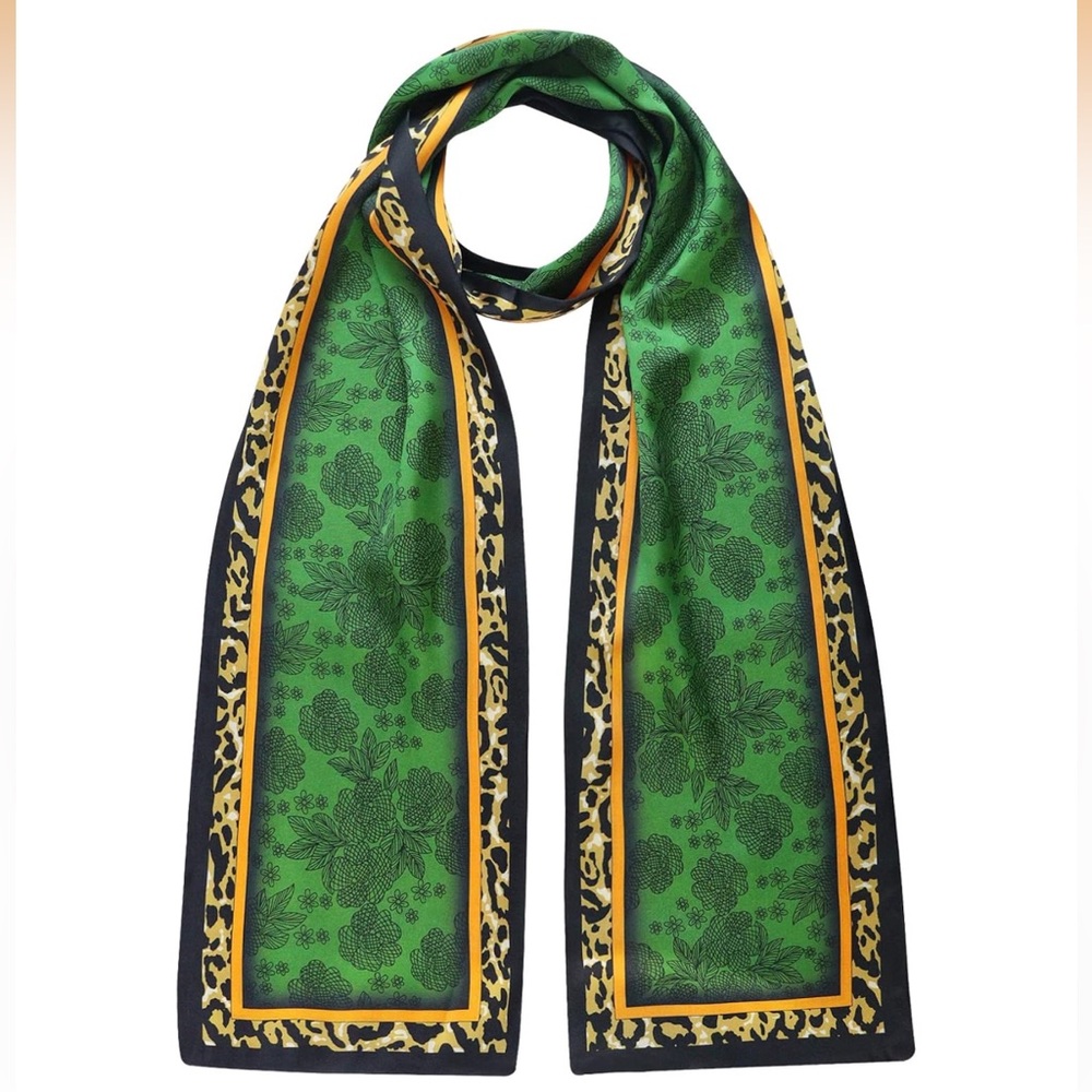100% Mulberry Silk Green, Black, and Leopard Scarf or Hair Wrap New 7”x59”